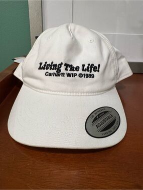 Carhartt WIP White Cap with Black 'Living The Life!' hat - work in progress NWT